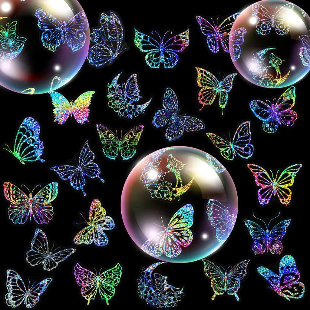 100pcs Butterfly Holographic Stickers Decorative Waterproof Adhesive Decals