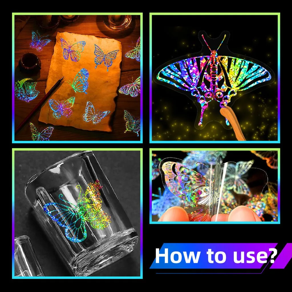 100pcs Butterfly Holographic Stickers Decorative Waterproof Adhesive Decals