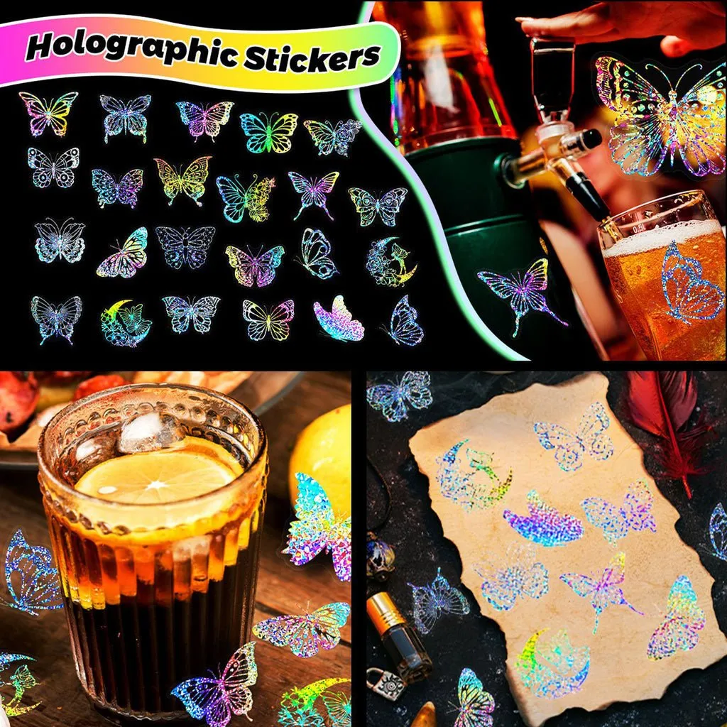 100pcs Butterfly Holographic Stickers Decorative Waterproof Adhesive Decals
