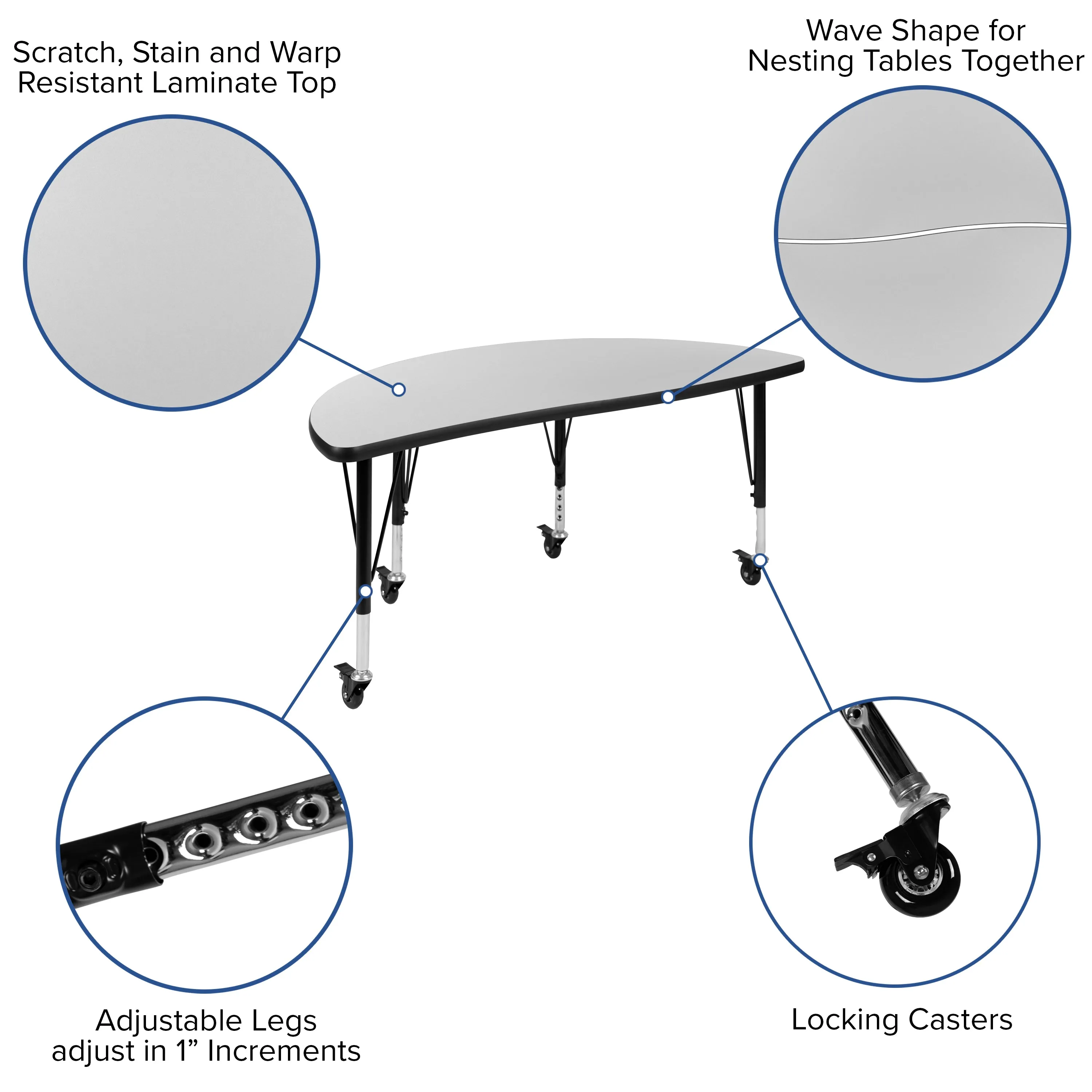 48" Circle Wave Grey Table Set XU-GRP-12CH-A48-HCIRC-GY-T-P-CAS-GG