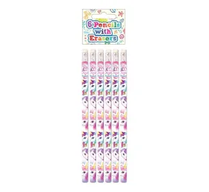 6 Pack Unicorn Full Size Pencil With Eraser
