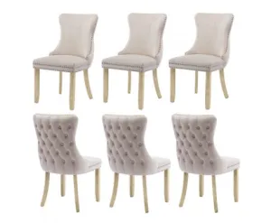 6x Velvet Upholstered Dining Chairs Tufted Wingback Side Chair with Studs Trim Solid Wood Legs for Kitchen
