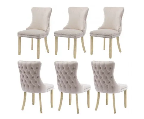 6x Velvet Upholstered Dining Chairs Tufted Wingback Side Chair with Studs Trim Solid Wood Legs for Kitchen