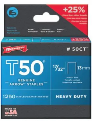 Arrow Fastener T50 Type Staples, 17/32 in L x 3/8 in W, 50CT