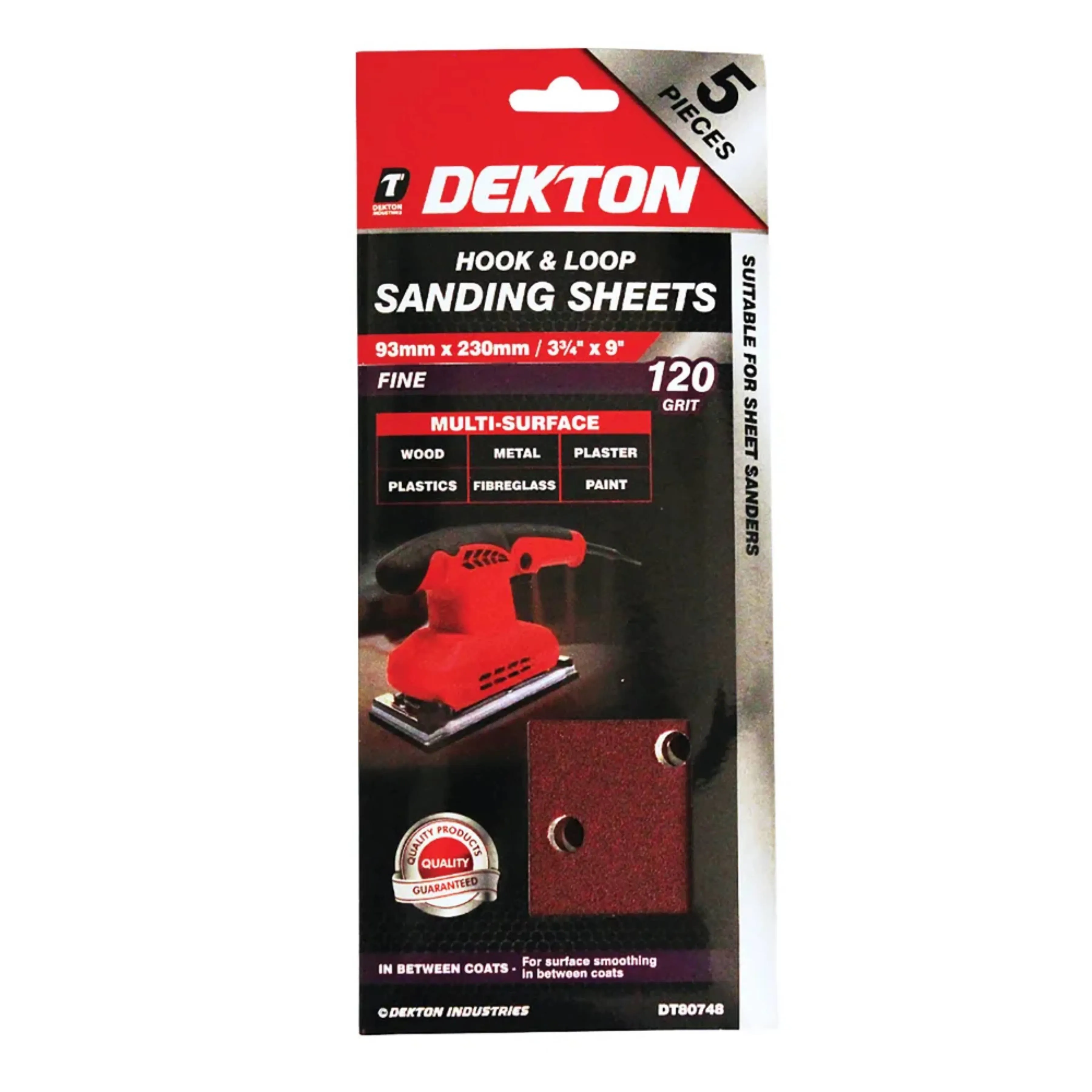 DEKTON 5PC Hook and Loop Sanding Sheets 93mm x 230mm - Fine 120 Grit
