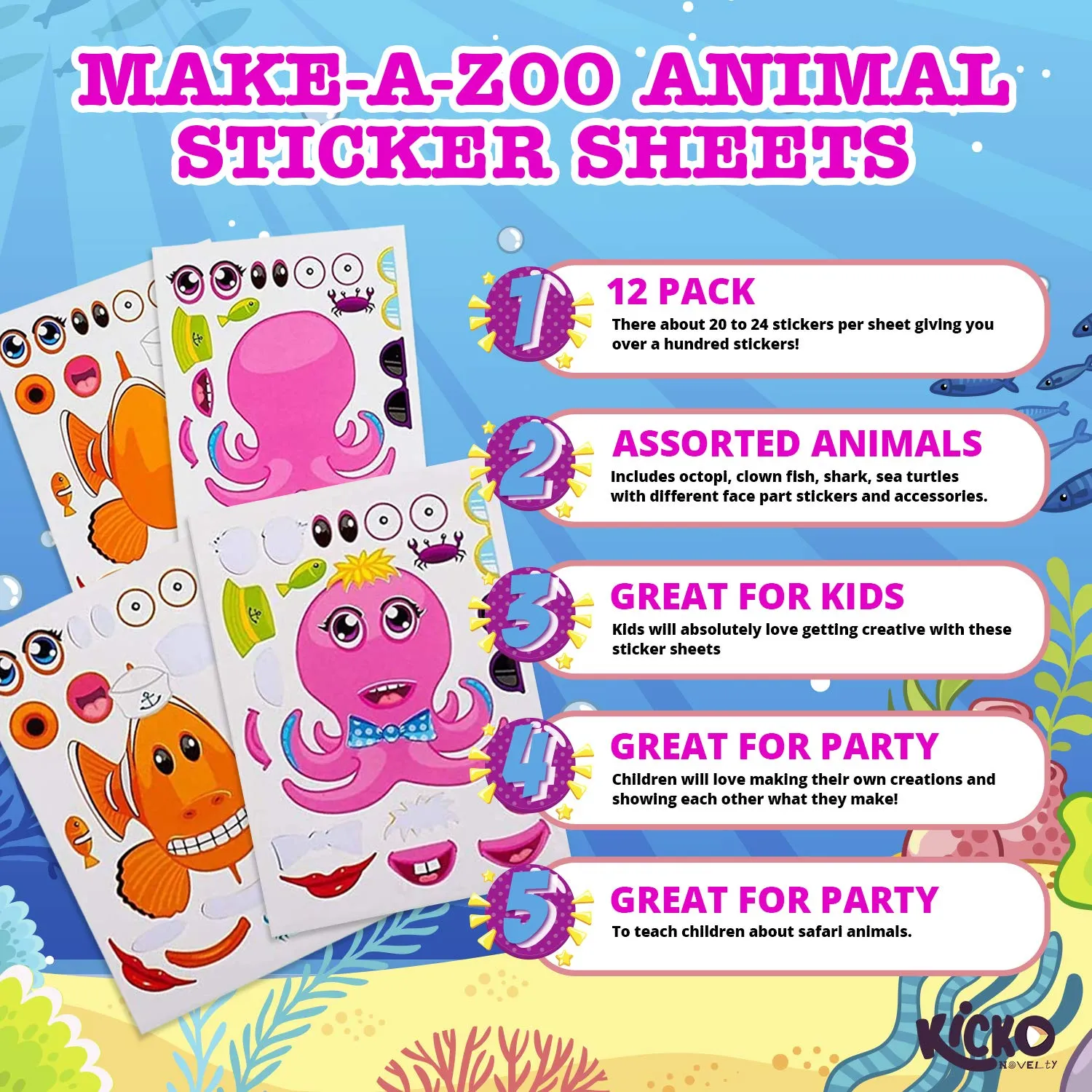 Kicko Make Your Own Stickers - Make a Sea Creature and Fish Sticker Sheets - 12 Pack