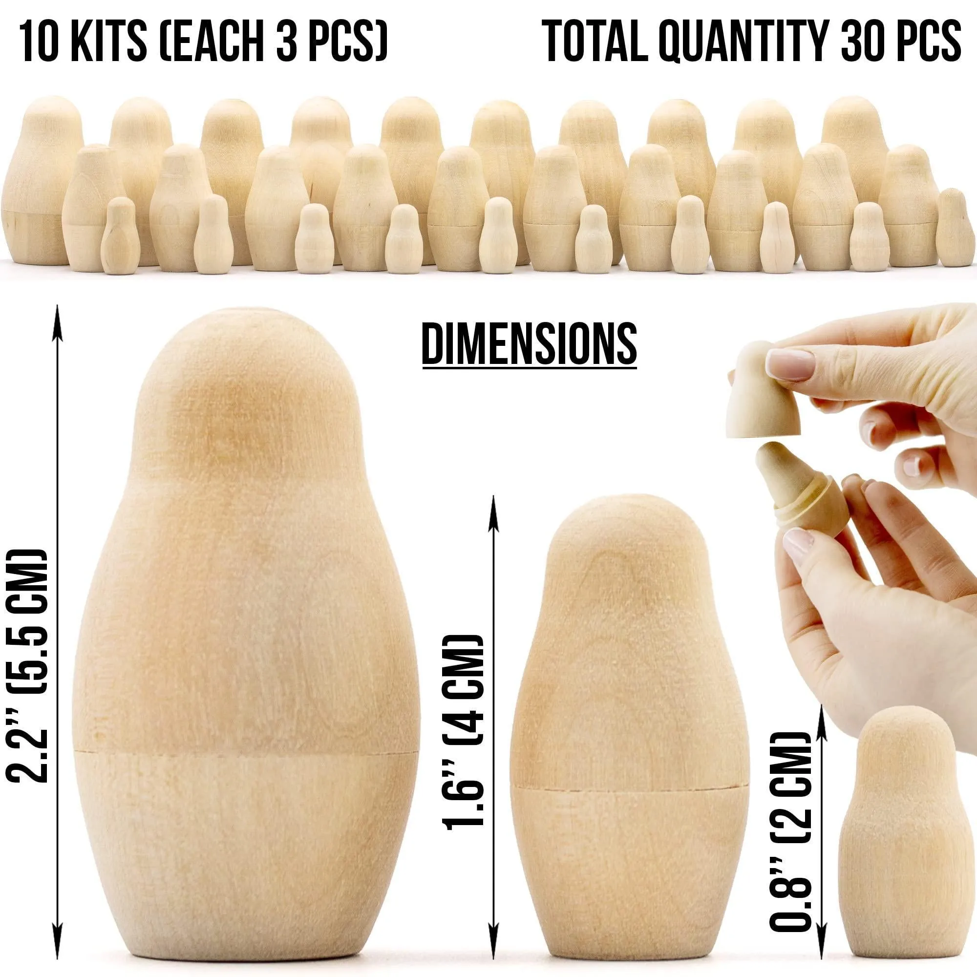 Lot of Blank Nesting Dolls of 10 Sets by 3 pcs Blank Wooden Matryoshka Dolls