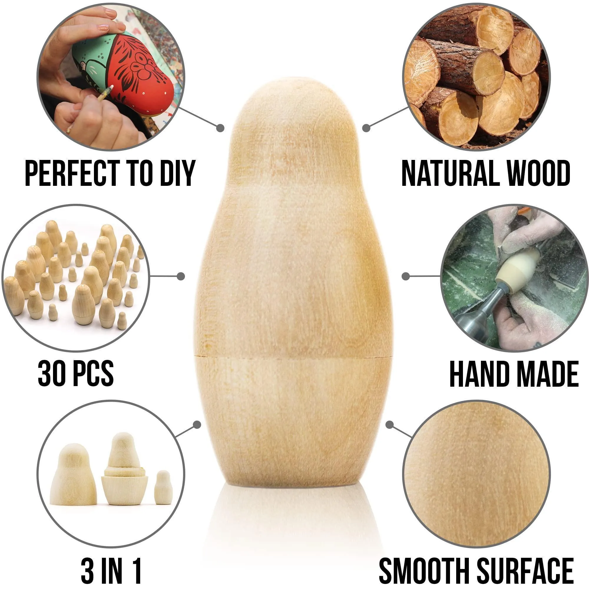 Lot of Blank Nesting Dolls of 10 Sets by 3 pcs Blank Wooden Matryoshka Dolls