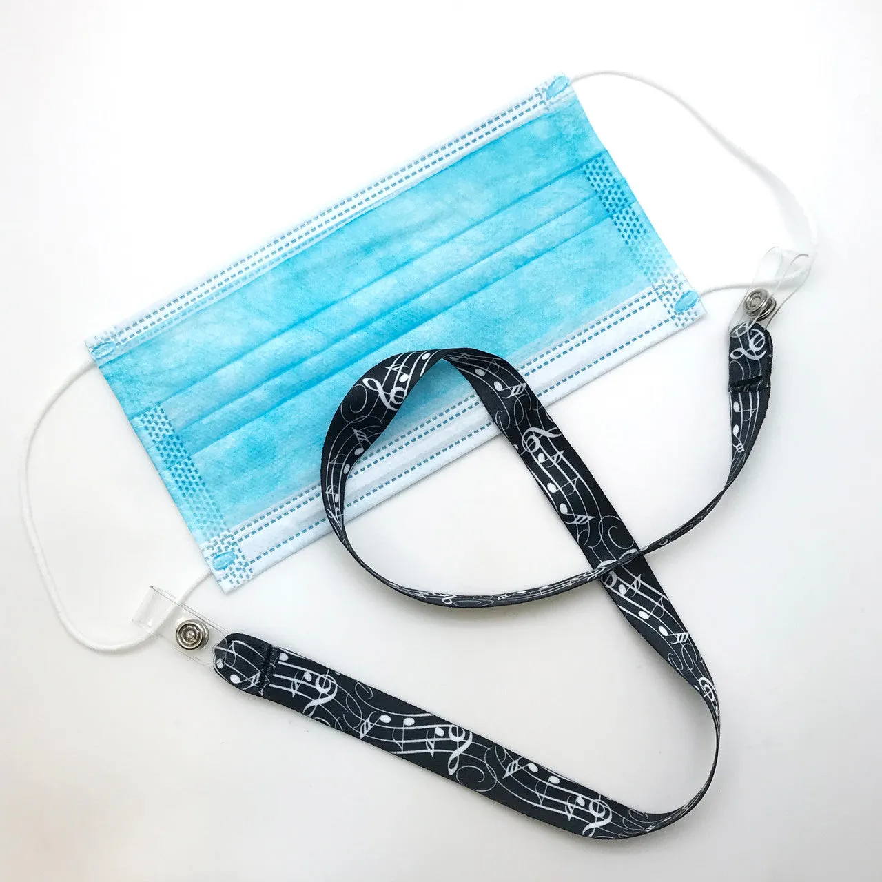 Musical Notes Face mask holder lanyard 24" long in with vinyl snap fittings printed on 5/8" Ultra Lanyard fabric
