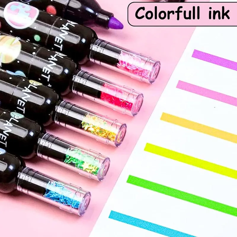 Space-Themed Mini Highlighter Pen, Fine Tip and Grip Marker Pen, Bottle Shaped Highlighters Stationery Items for Kids and Adults (Set of 6, Multicolor)