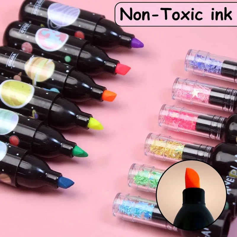Space-Themed Mini Highlighter Pen, Fine Tip and Grip Marker Pen, Bottle Shaped Highlighters Stationery Items for Kids and Adults (Set of 6, Multicolor)