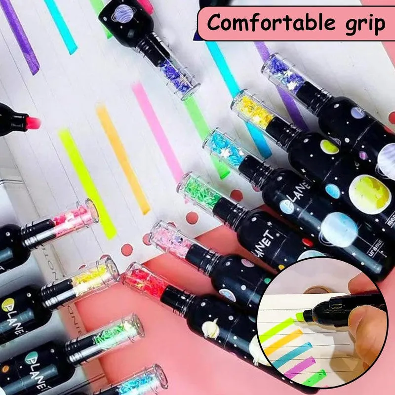 Space-Themed Mini Highlighter Pen, Fine Tip and Grip Marker Pen, Bottle Shaped Highlighters Stationery Items for Kids and Adults (Set of 6, Multicolor)