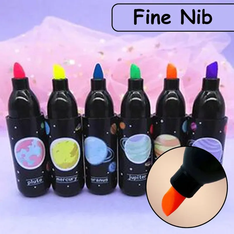Space-Themed Mini Highlighter Pen, Fine Tip and Grip Marker Pen, Bottle Shaped Highlighters Stationery Items for Kids and Adults (Set of 6, Multicolor)