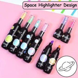 Space-Themed Mini Highlighter Pen, Fine Tip and Grip Marker Pen, Bottle Shaped Highlighters Stationery Items for Kids and Adults (Set of 6, Multicolor)