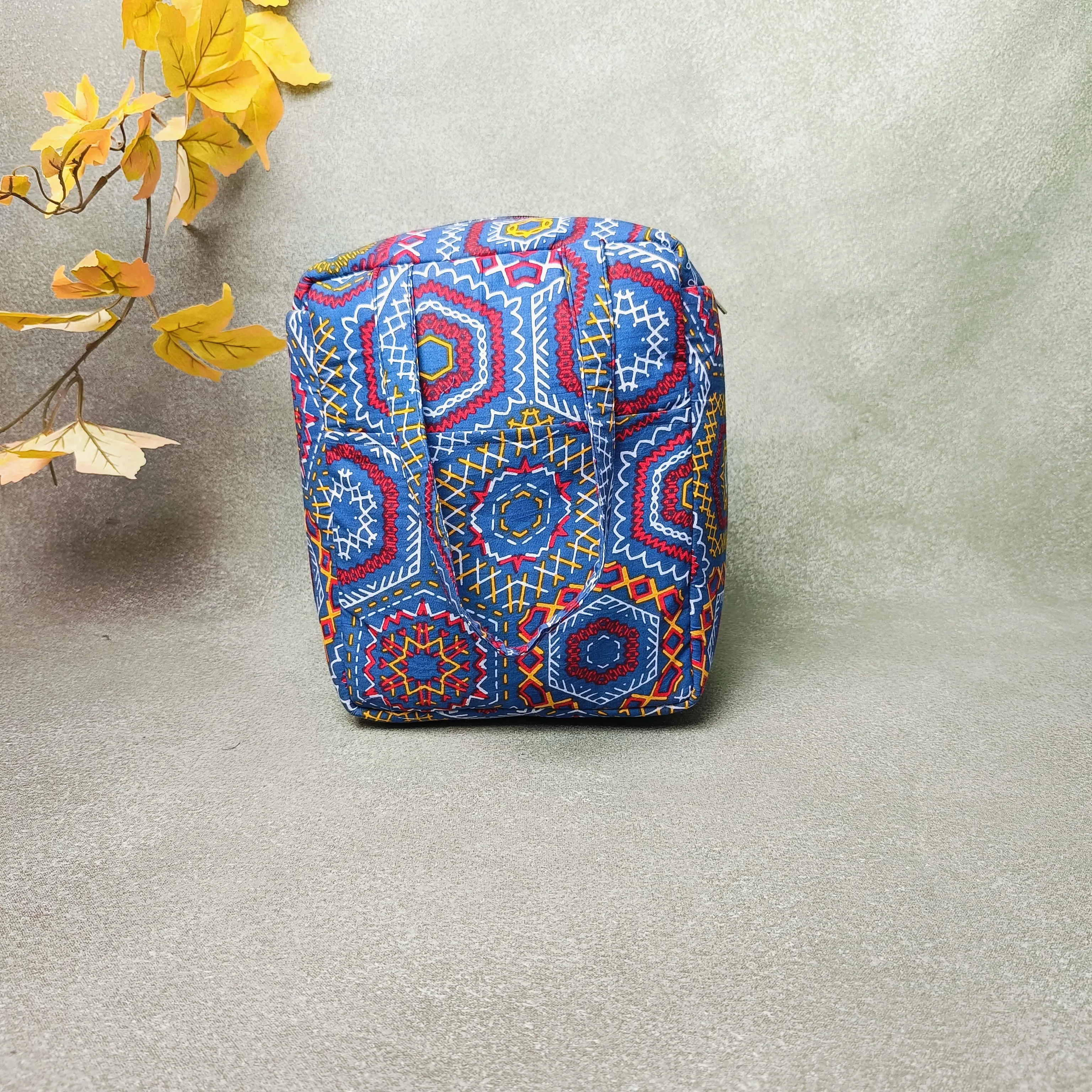 Water Proof Cotton Lunch Bag Blue with Red and White Pentagonal Prints Design