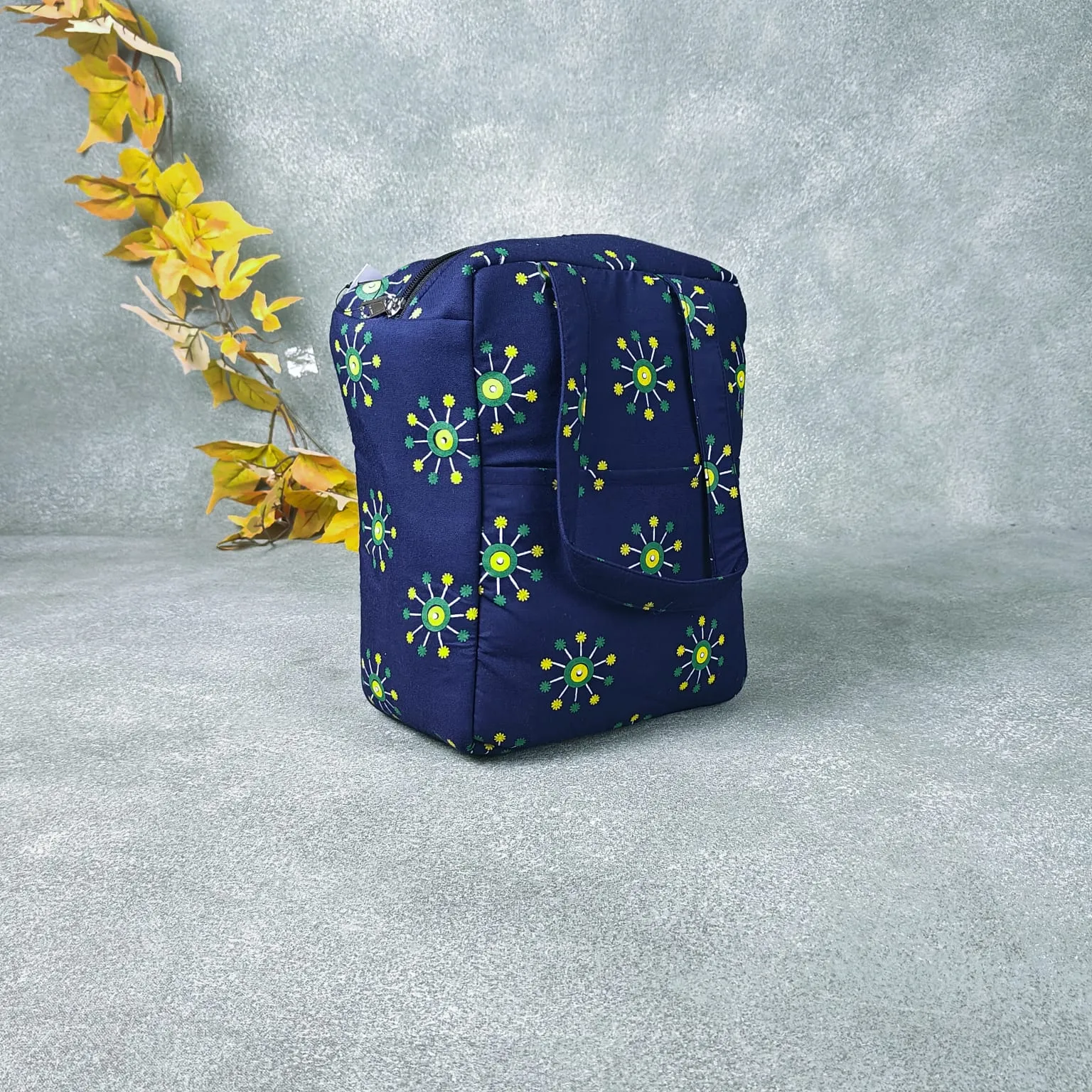 Water Proof Cotton Lunch Bag Dark Blue with Green Graphic Prints