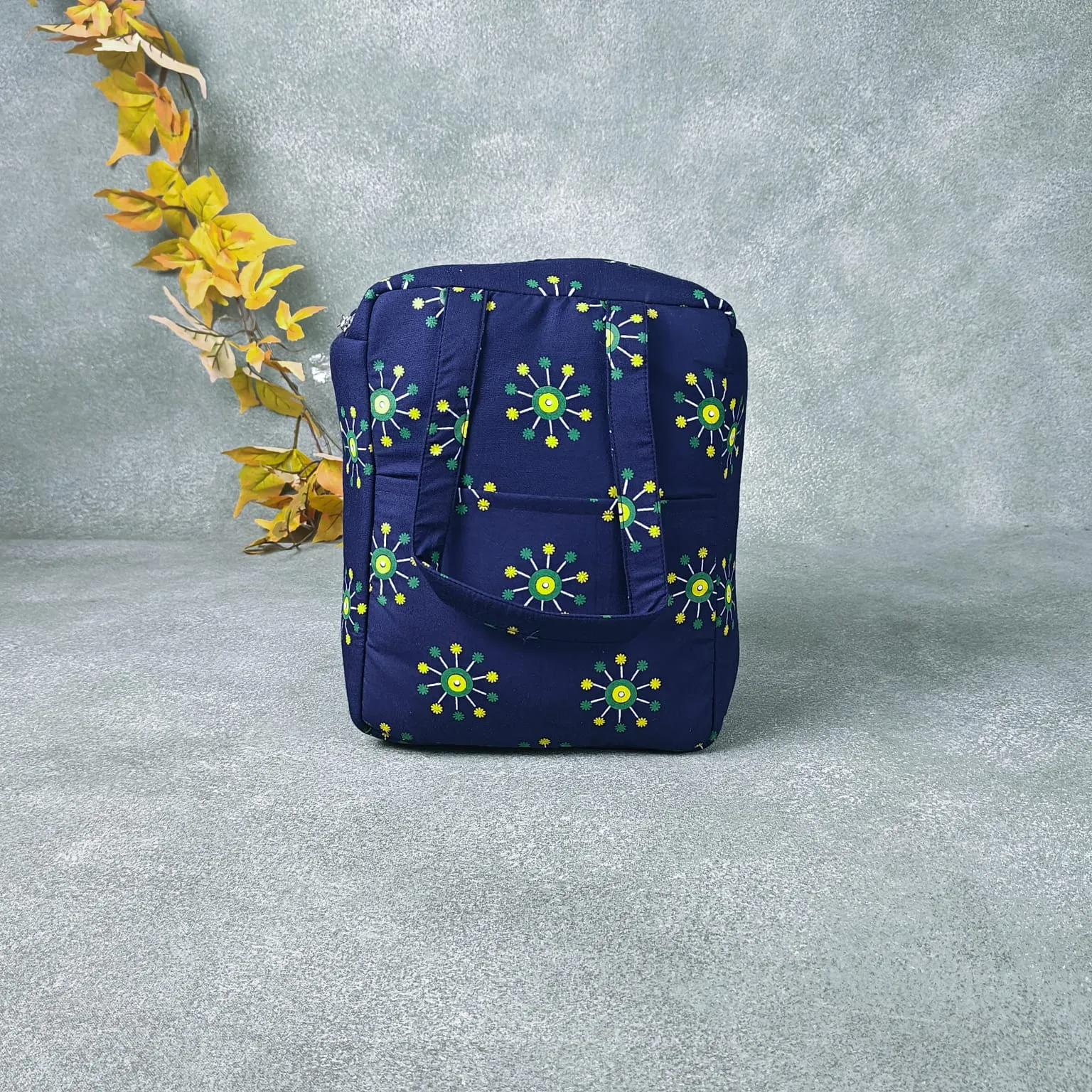 Water Proof Cotton Lunch Bag Dark Blue with Green Graphic Prints