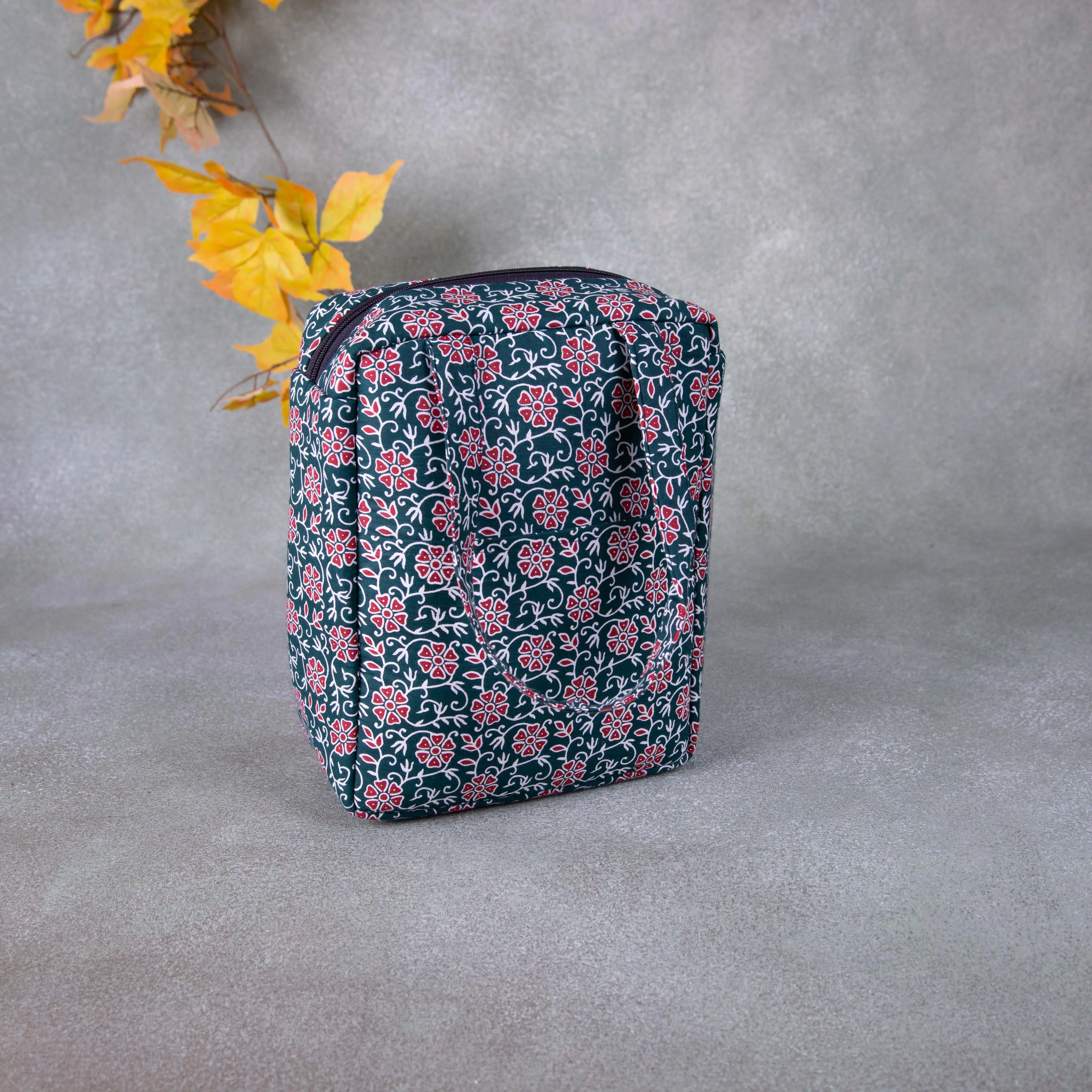 Water Proof Cotton Lunch Bag Green Colour with Red Flower Design
