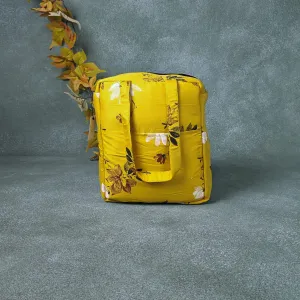 Water Proof Cotton Lunch Bag Yellow with Designer Coral Prints