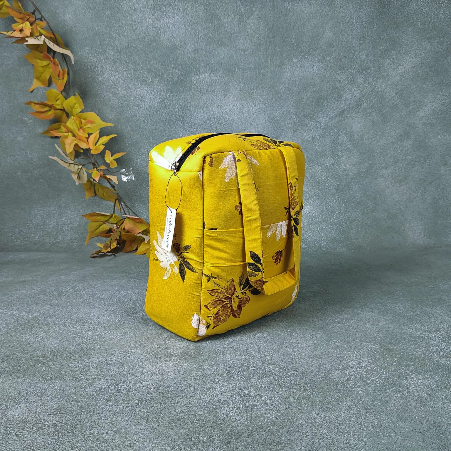 Water Proof Cotton Lunch Bag Yellow with Designer Coral Prints