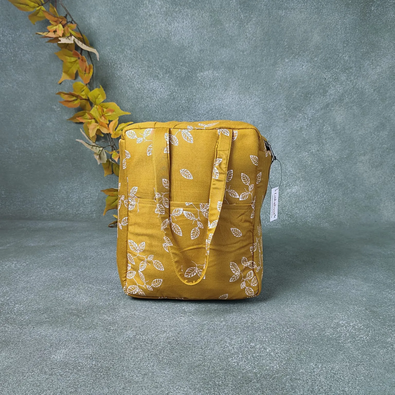 Water Proof Cotton Lunch Bag Yellow with White Floral Prints