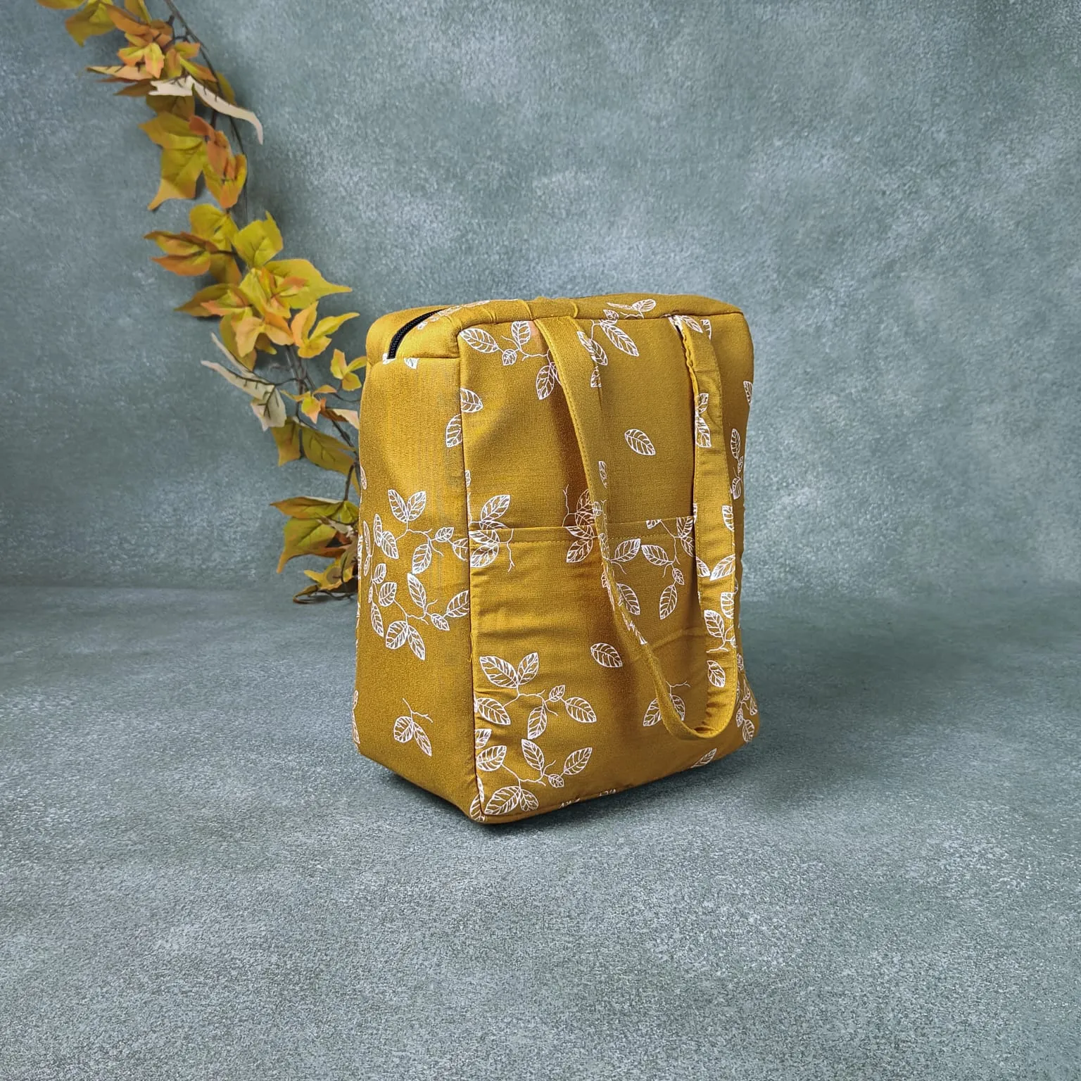 Water Proof Cotton Lunch Bag Yellow with White Floral Prints